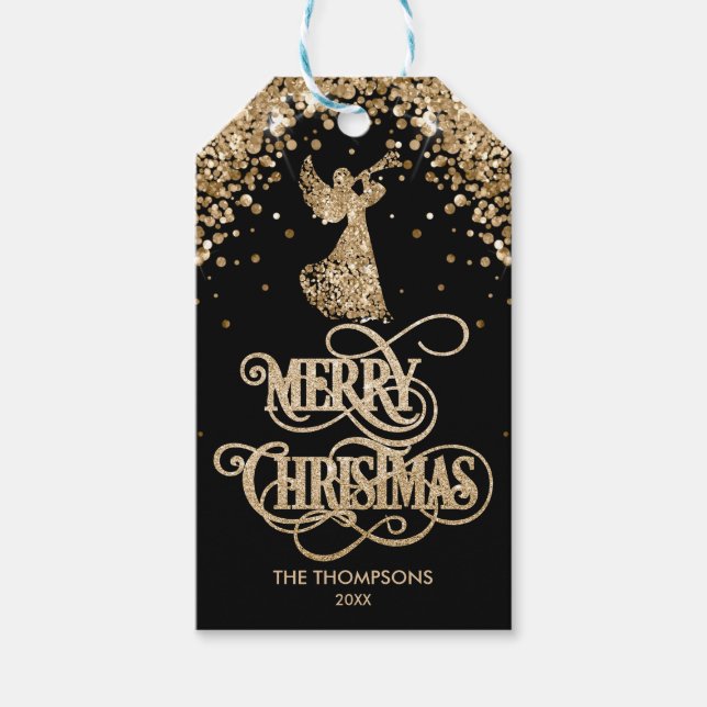 Étiquettes-cadeau Elégante Parties scintillant or Trumpet Angel Joye (Devant)