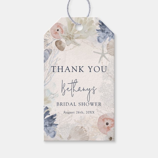 Étiquettes-cadeau Elégante plage Fête des mariées nautique Merci (Devant)