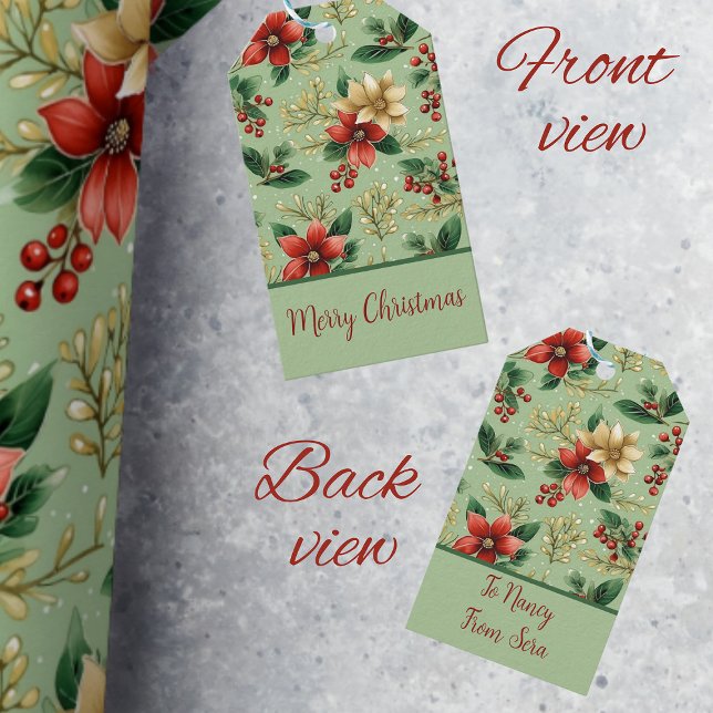 Étiquettes-cadeau Élégante Poinsététie botanique rouge et verte (Créateur téléchargé)