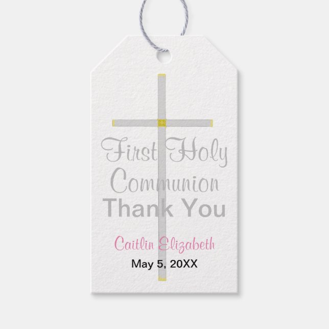 Étiquettes-cadeau Elégante première communion argent croix rose (Devant)