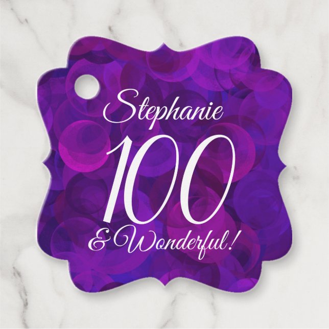 Étiquettes Cadeau Elégante Purple 100 et merveilleuse fête d'anniver (Devant)