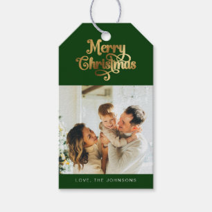 Étiquettes-cadeau Elégante Retro Green et Gold Joyeux Noël Photo
