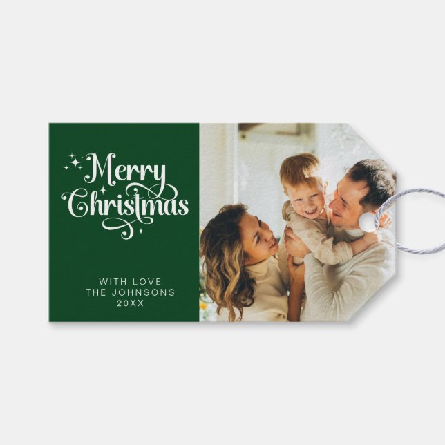 Étiquettes-cadeau Elégante Retro Green Joyeux Noël Famille Photo (Devant (Horizontal))