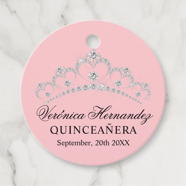 Étiquettes Cadeau Elégante Tiara rose espagnol Quinceañera Quince (Devant)