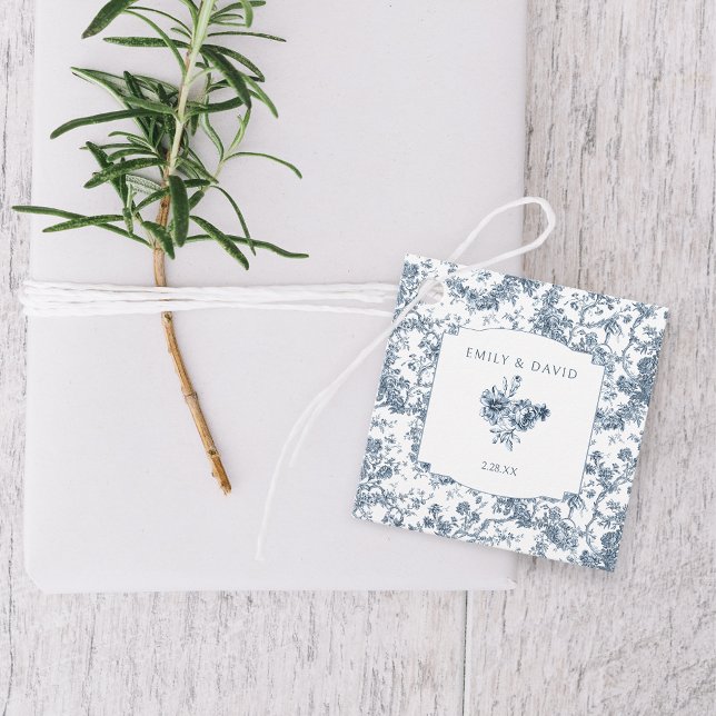 Étiquettes Cadeau Élégante toile Florale Bleue Française Gravée (Créateur téléchargé)