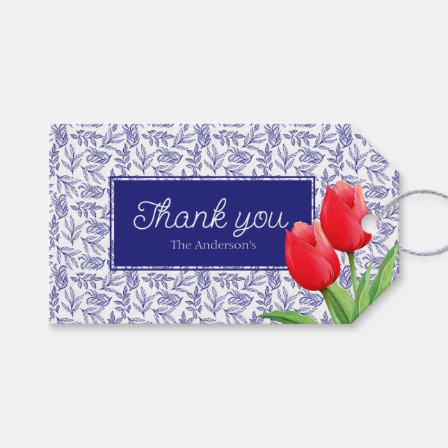 Étiquettes-cadeau Elégante Tulipes Rouges Printemps Floral Bleu (Devant (Horizontal))