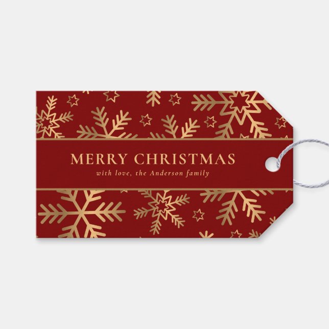 Étiquettes-cadeau Élégante typographie Red Gold Snowflakes (Devant (Horizontal))