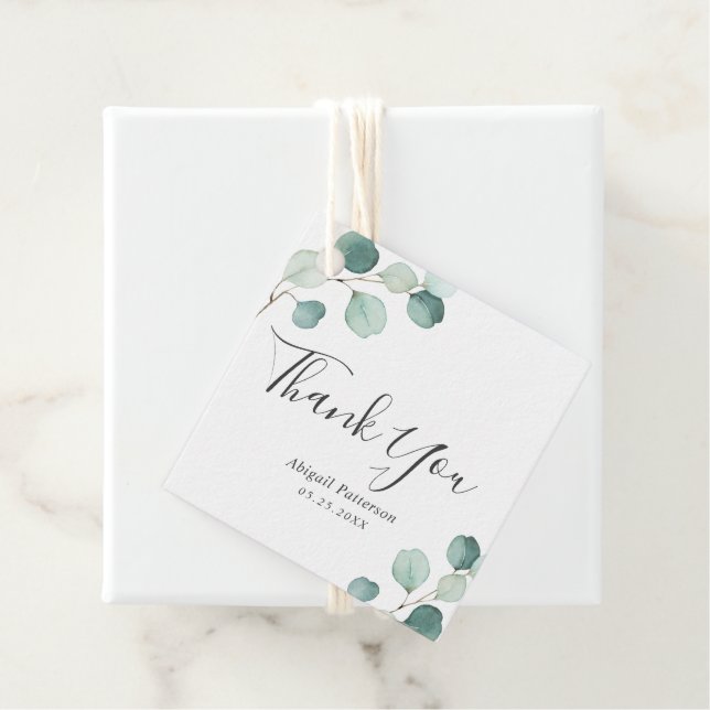 Étiquettes Cadeau Elégante verdure Fête des mariées Eucalyptus rusti (En situation)