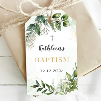 Étiquettes-cadeau Élégante verdure Feuillage Baptême