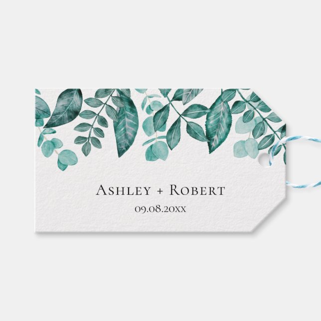 Étiquettes-cadeau Elégante verdure Turquoise Aquarelle Mariage moder (Devant (Horizontal))
