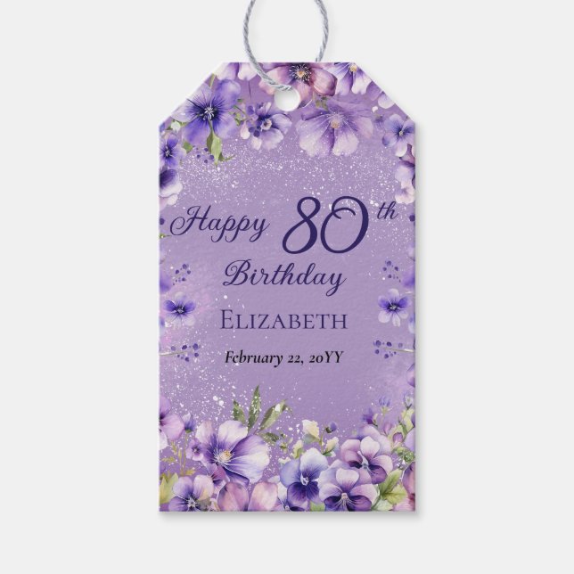 Étiquettes-cadeau Élégante Violette Florale Violets 80e anniversaire (Devant)