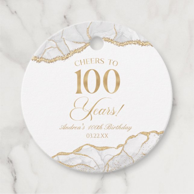 Étiquettes Cadeau Elégante White Gold Agate 100e fête d'anniversaire (Devant)