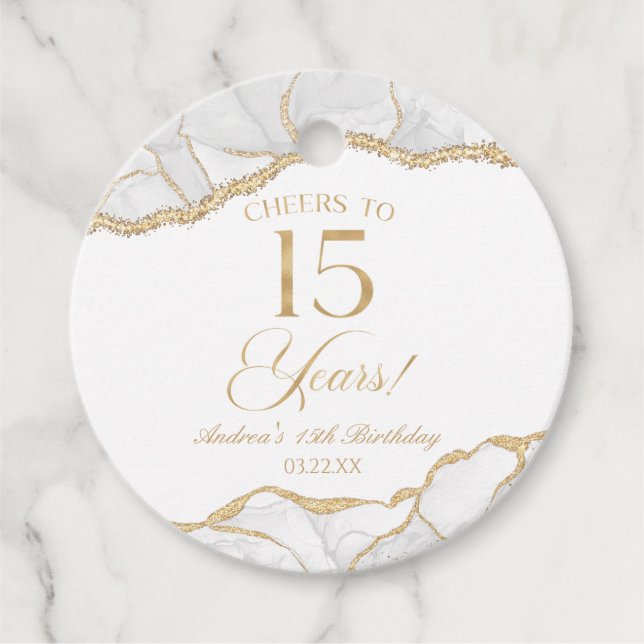 Étiquettes Cadeau Elégante White Gold Agate 15e fête d'anniversaire (Devant)