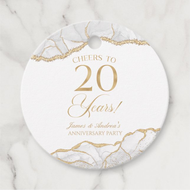 Étiquettes Cadeau Élégante White Gold Agate 20e anniversaire fête (Devant)