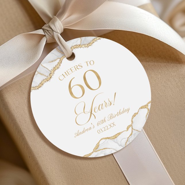 Étiquettes Cadeau Elégante White Gold Agate 60e fête d'anniversaire (Créateur téléchargé)
