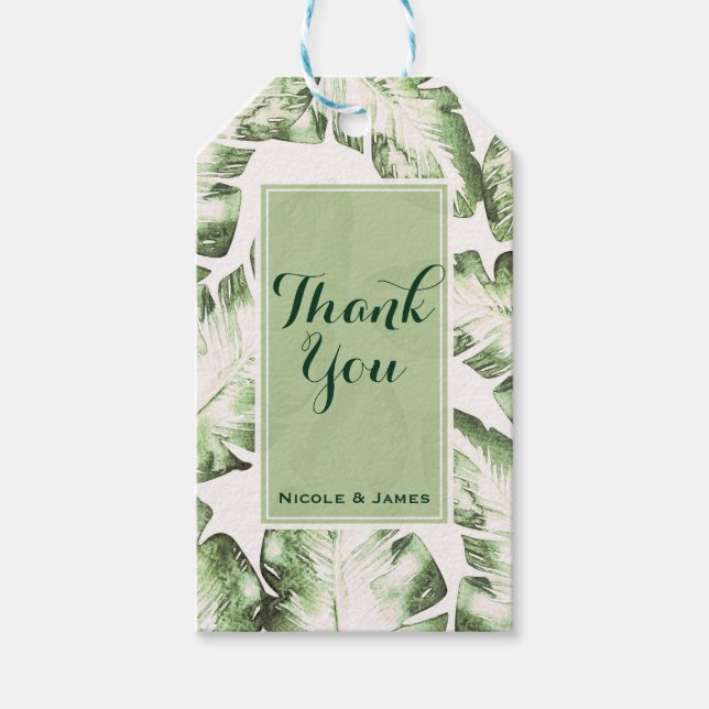 Étiquettes-cadeau Elégante White Green Tropical Beach Feuille Mariag (Devant)