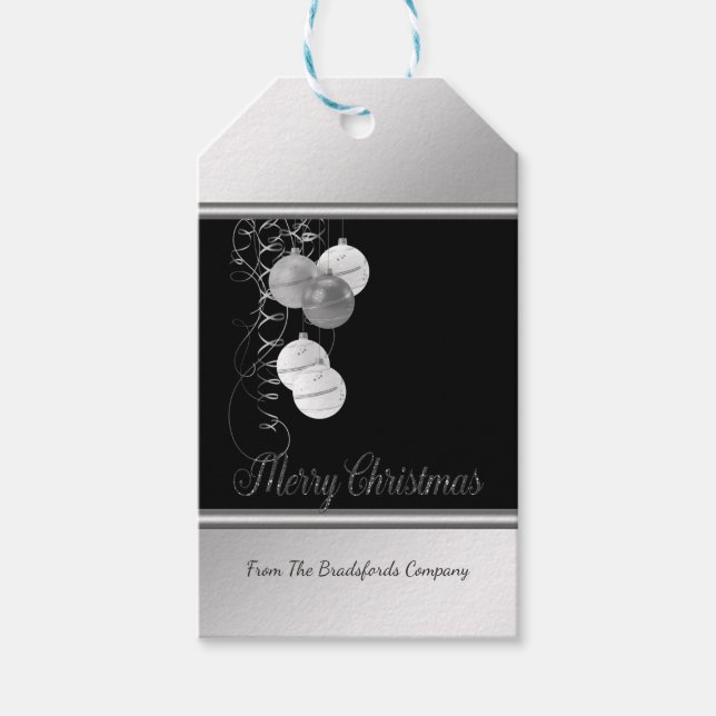 Étiquettes-cadeau Élégantes boules de Noël, Argent, Black Company (Devant)