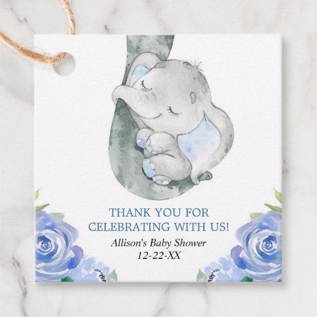 Étiquettes Cadeau Eléphant garçon baby shower floral (Devant)