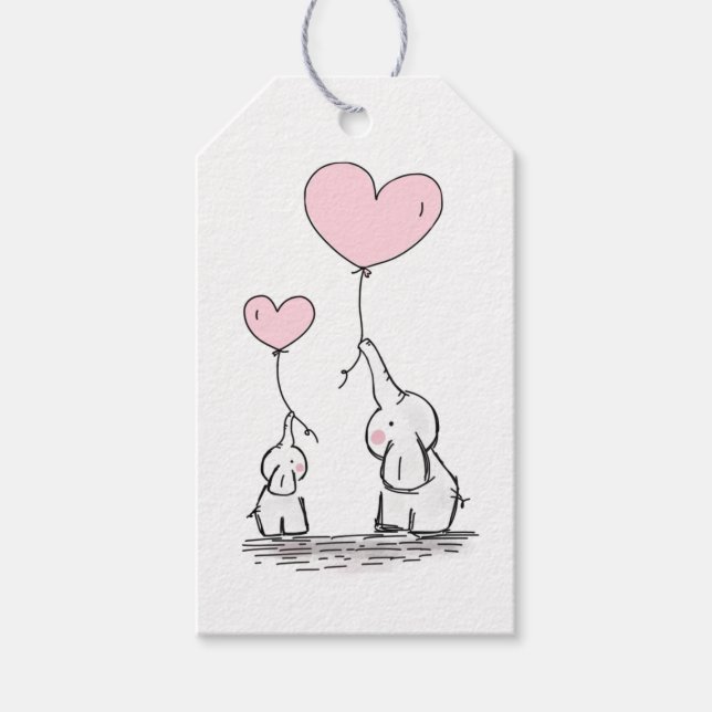 Étiquettes-cadeau Eléphant mère et bébé avec ballons de coeur (Devant)