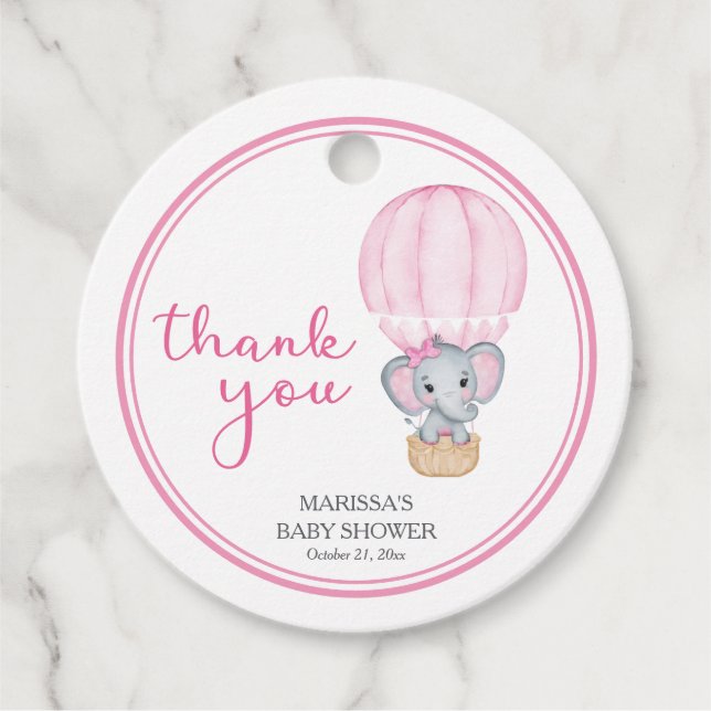 Étiquettes Cadeau Eléphant rose bébé fille douche (Devant)