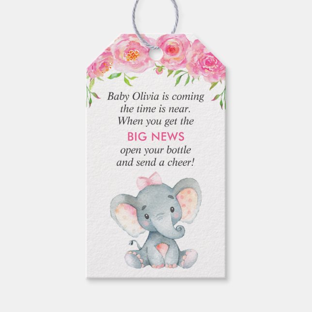 Étiquettes-cadeau Eléphant rose bébé fille douche Mini bouteille Fav (Devant)