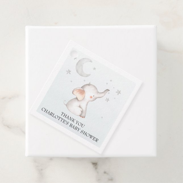 Étiquettes Cadeau Elephant Stars Lune Dusty Blue Boy Baby shower Gi (En situation)