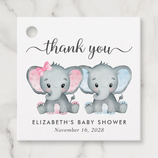 Étiquettes Cadeau Elephant Twin Baby Girl garçon douche Merci (Devant)