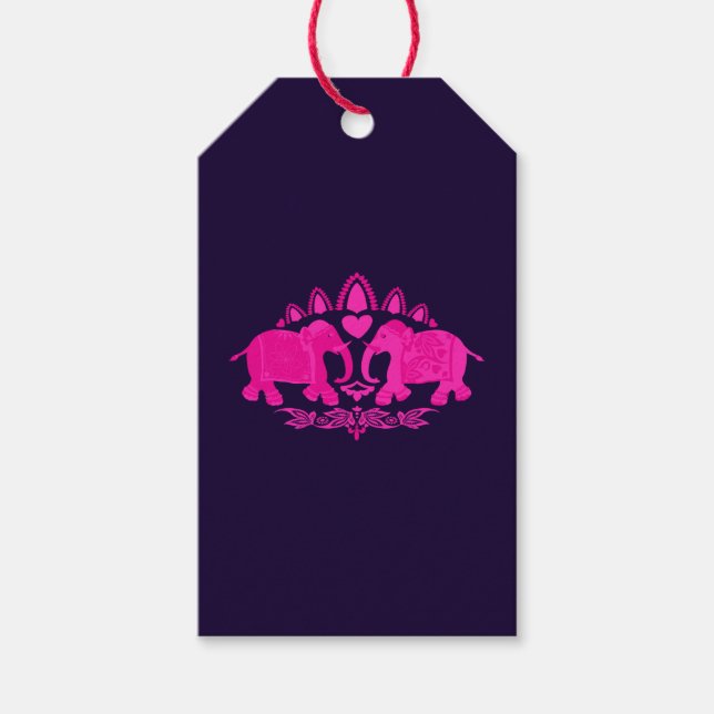 Étiquettes-cadeau Eléphants asiatiques bleu rose ethnie (Devant)