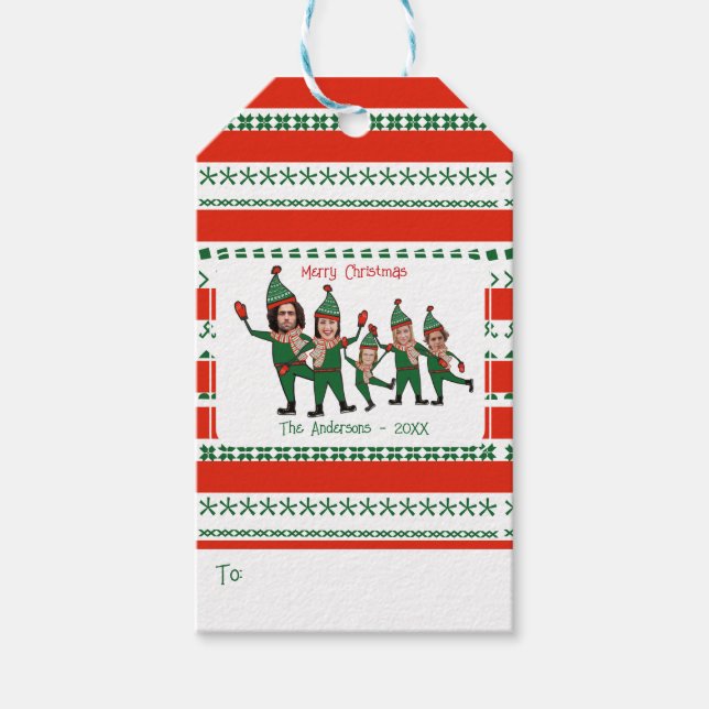 Étiquettes-cadeau Elf votre famille de cinq Funny Red & Green Holida (Devant)