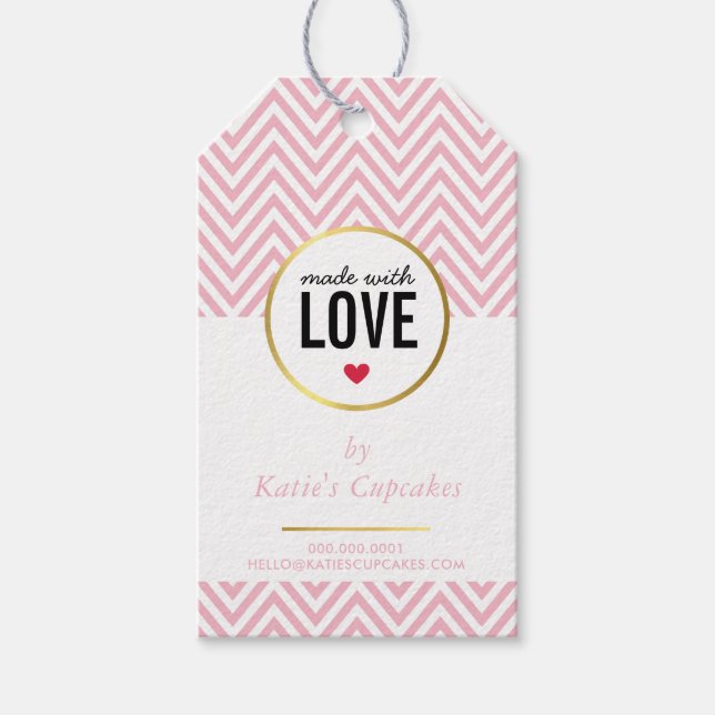 Étiquettes-cadeau EMBALLAGE D'AFFAIRES fait avec amour chevron rose (Devant)