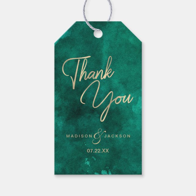 Étiquettes-cadeau Emerald Green Aquarelle & Merci Mariage or (Devant)