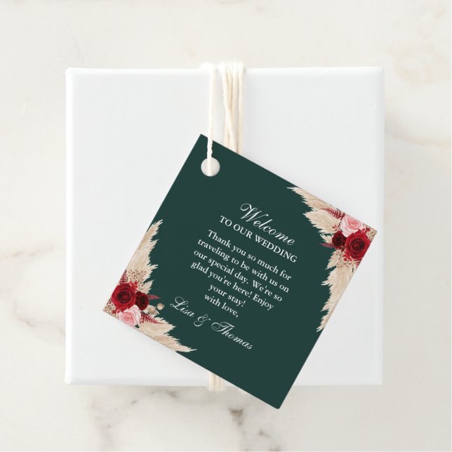 Étiquettes Cadeau Emerald Green Bourgogne Mariage Rose Bienvenue (En situation)