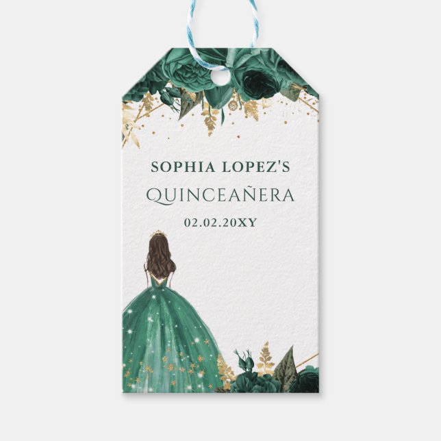 Étiquettes-cadeau Emerald Green Floral Princess Quinceanera (Devant)