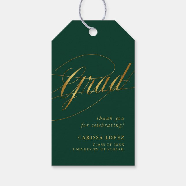 Étiquettes-cadeau Emerald Green & Gold Minimalist Grad Calligraphie (Devant)