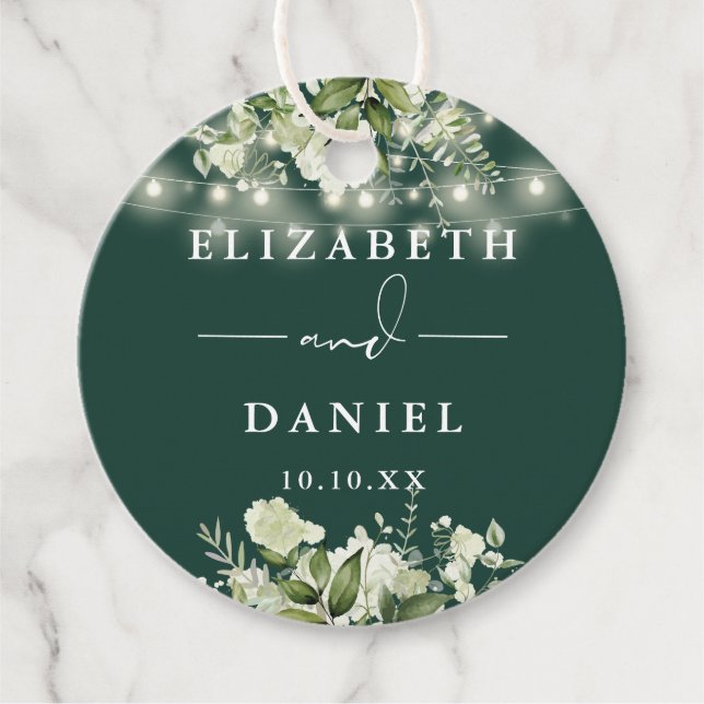 Étiquettes Cadeau Émeraude Floral Chaîne Lumière Merci Mariage (Devant)