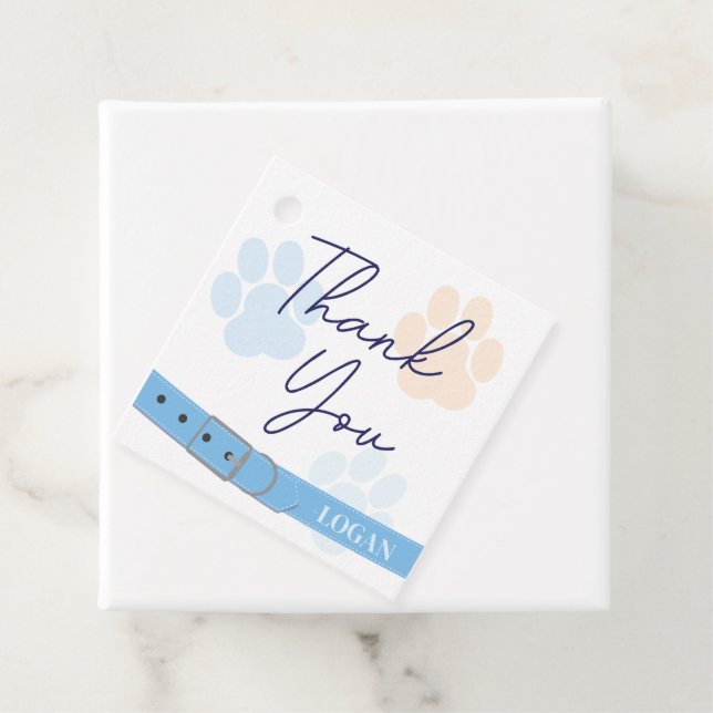 Étiquettes Cadeau Empreinte de patte de chien orange bleu Merci d'an (En situation)