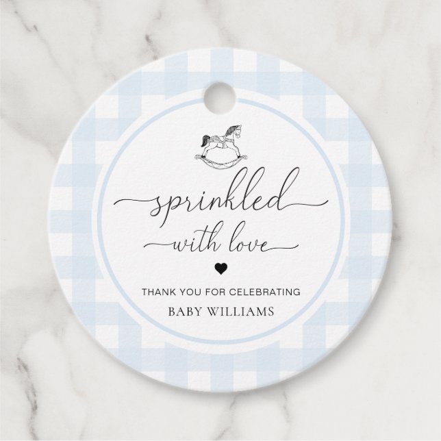 Étiquettes Cadeau En vichy Bleu Tuyau Rocheux Parsemé D'Amour (Devant)