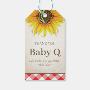 Étiquettes-cadeau En vichy Q bébé et Merci de tournesol rouge