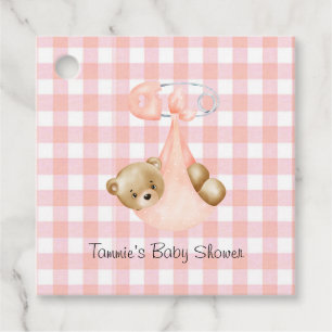 Étiquettes Cadeau En vichy rose & un mignon Baby shower fille ours e