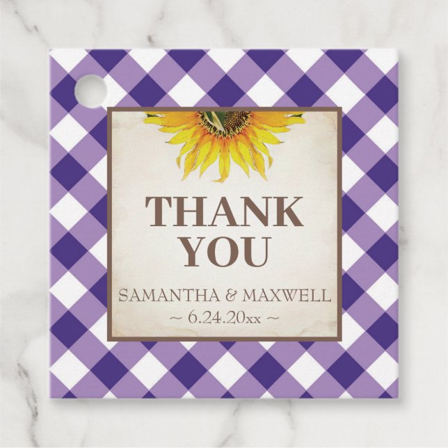 Étiquettes Cadeau En vichy violet et Merci de tournesol (Devant)