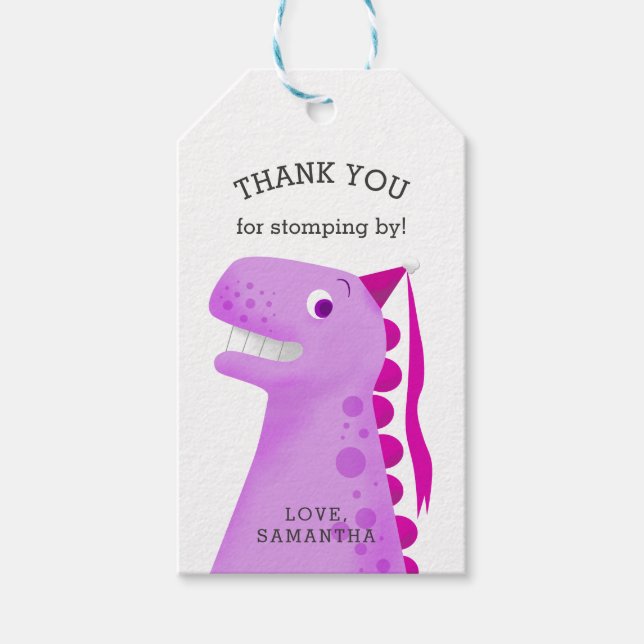 Étiquettes-cadeau Enfants Dinosaur Anniversaire fête Merci rose (Devant)