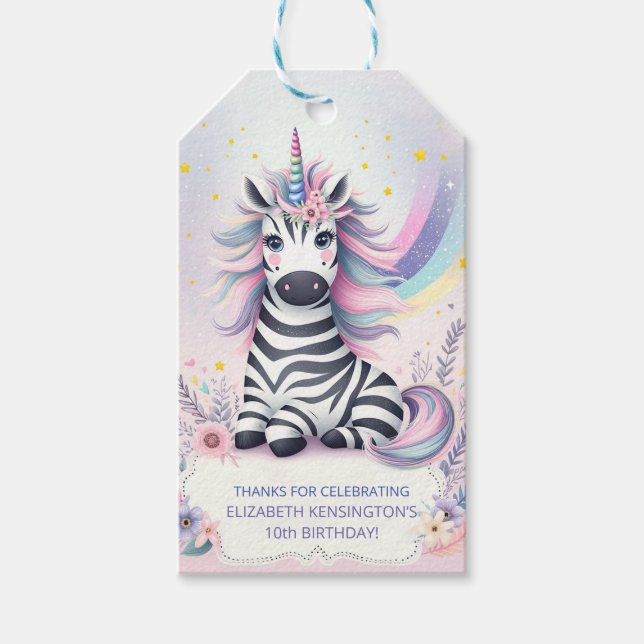 Étiquettes-cadeau Enfants Zebra Unicorn Rainbow Birthday Party (Devant)