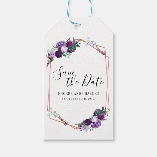Étiquettes-cadeau Enregistrer La Date Florale Violet (Devant)