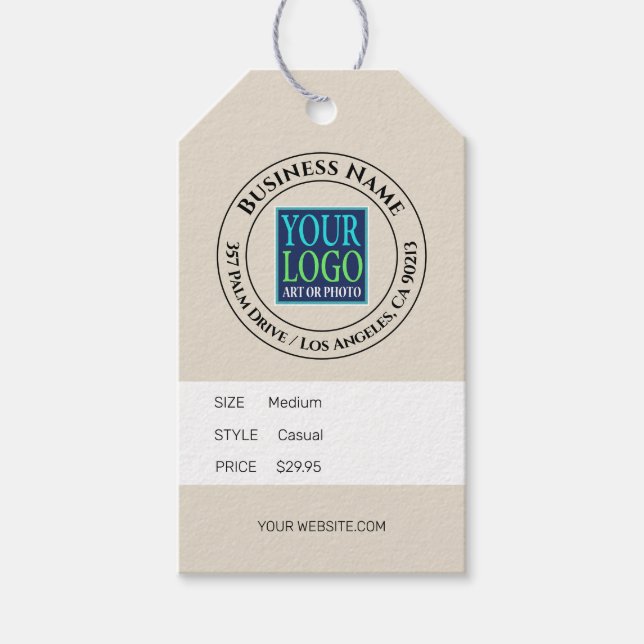 Étiquettes-cadeau Entreprise, Logo Adresse, Black Text, Tan Price Ta (Devant)