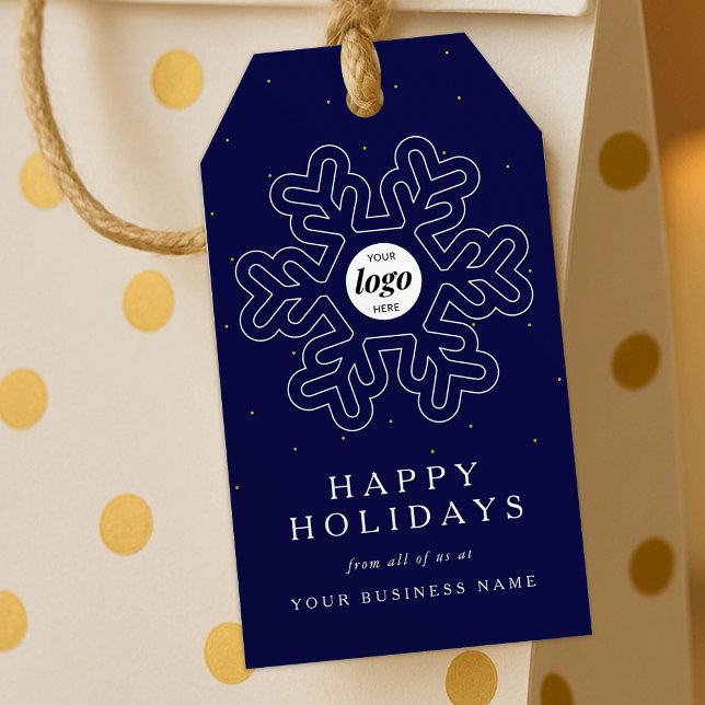 Étiquettes-cadeau Entreprise Logo Noël Flocon de neige Marine (Corporate navy blue and white business logo holiday gift tags with snowflake motif)