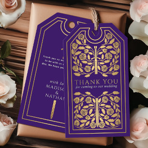 Étiquettes-cadeau Épée Royale Médiévale Dorée Mariage Merci Violet