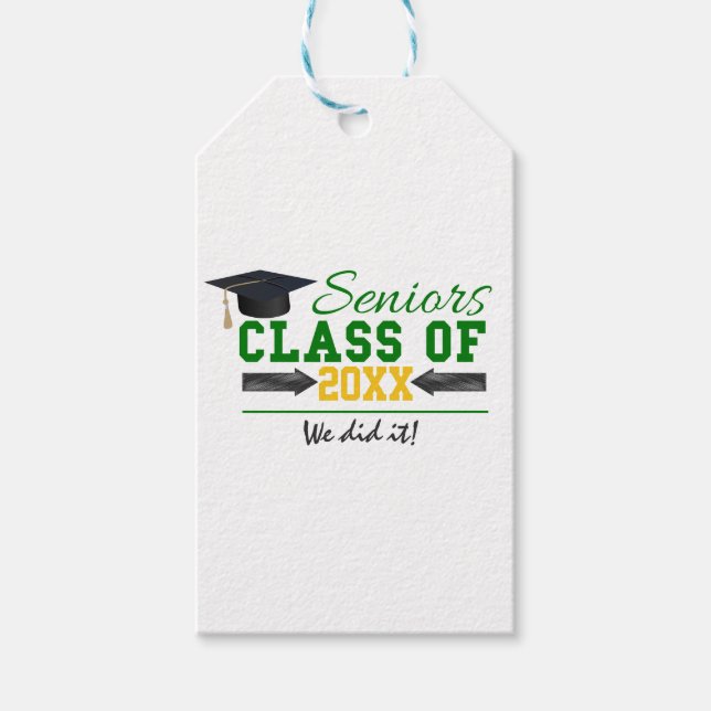 Étiquettes-cadeau Équipement de graduation vert et jaune (Devant)