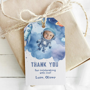 Étiquettes-cadeau Espace Astronaute Photo d'anniversaire Merci