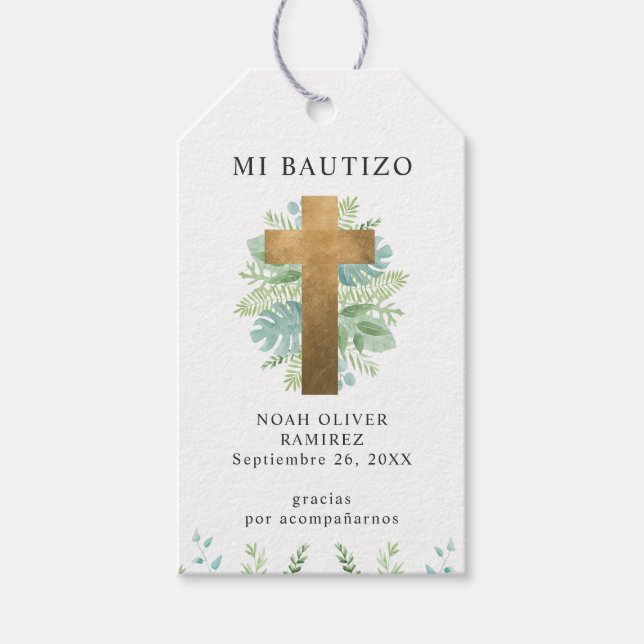 Étiquettes-cadeau Espagnol, Baptême Elégante Croix d'or avec verdure (Devant)