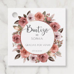 Étiquettes Cadeau Espagnol, Baptême fille Rose or, Flore floue